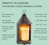 Primitive tin sunshine candle warming lantern with product details on a light green background