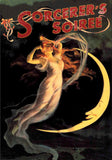 Vintage-style poster for 'Sorcerer's Soirée' featuring a woman with wings and a crescent moon.